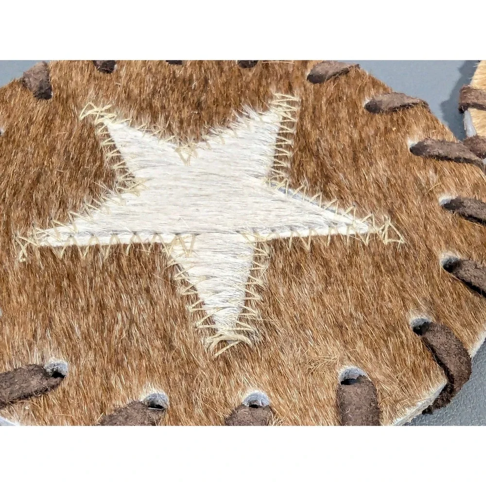 11 Pc Real Cowhide Western Star Coasters Hair on Hide Whipstitch Rustic Decor